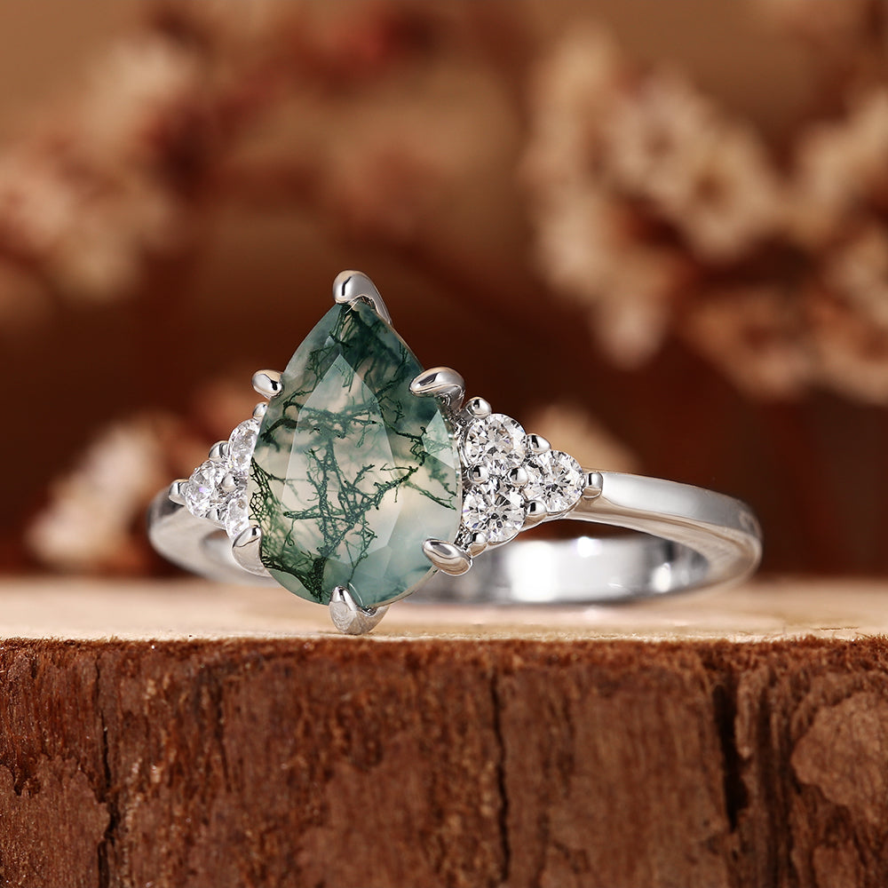 Nature Inspired Unique Pear Cut Moss Agate Vintage Cluster Engagement Ring