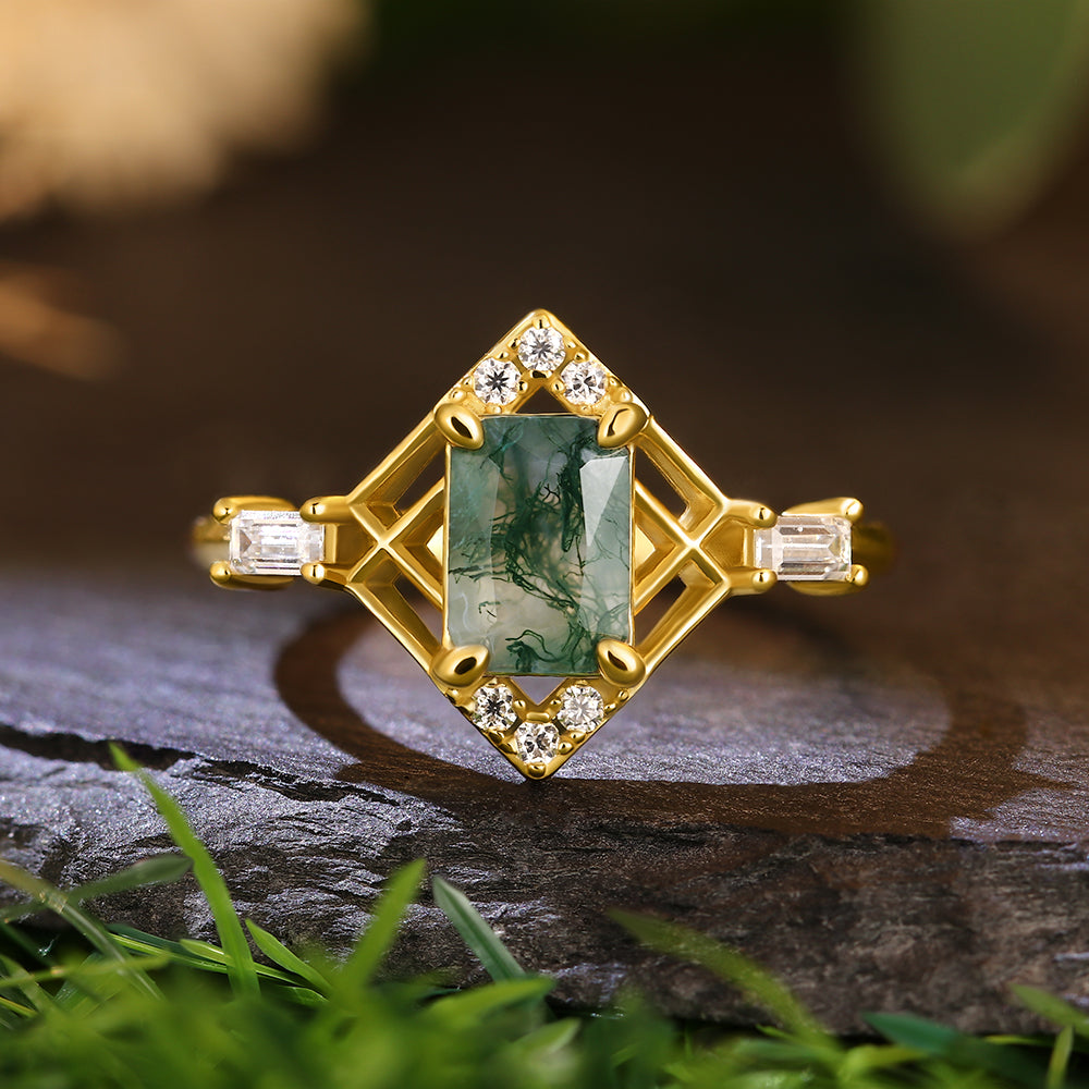 6x8mm Emerald Cut Moss Agate Art Deco Geometric Filigree Baguette Moissanite Engagement Ring