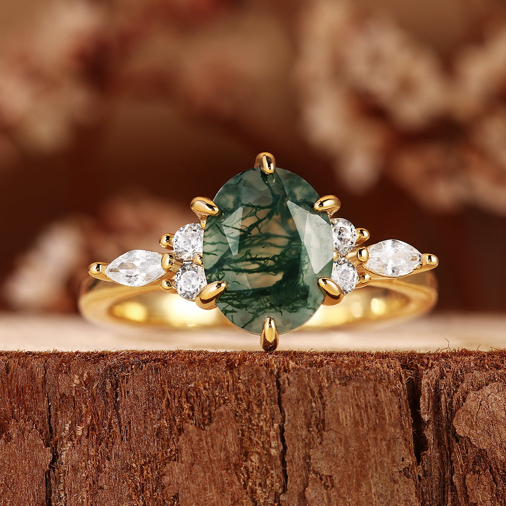 Nature Inspired Oval Cut Moss Agate Cluster Engagement Ring
