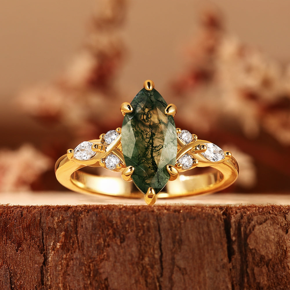 Exquisite Marquise Cut Moss Agate Engagement Ring with Leaf Accents