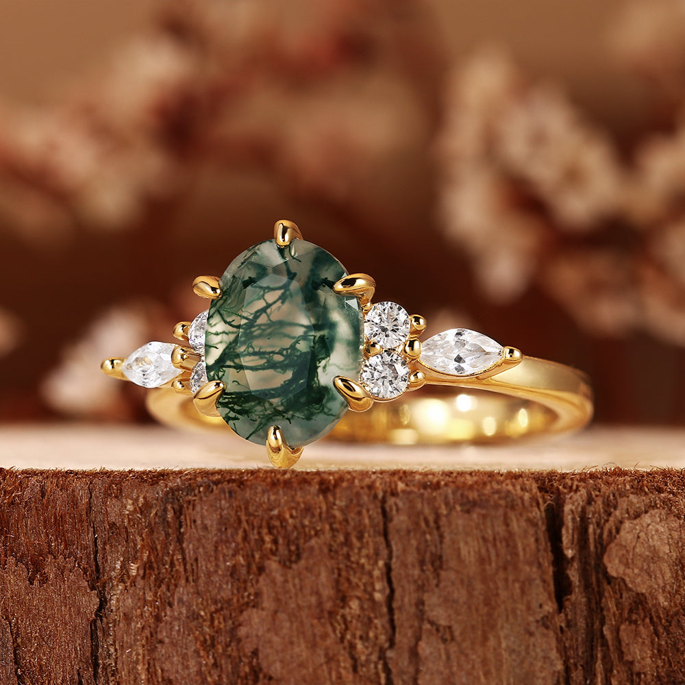 Nature Inspired Oval Cut Moss Agate Cluster Engagement Ring