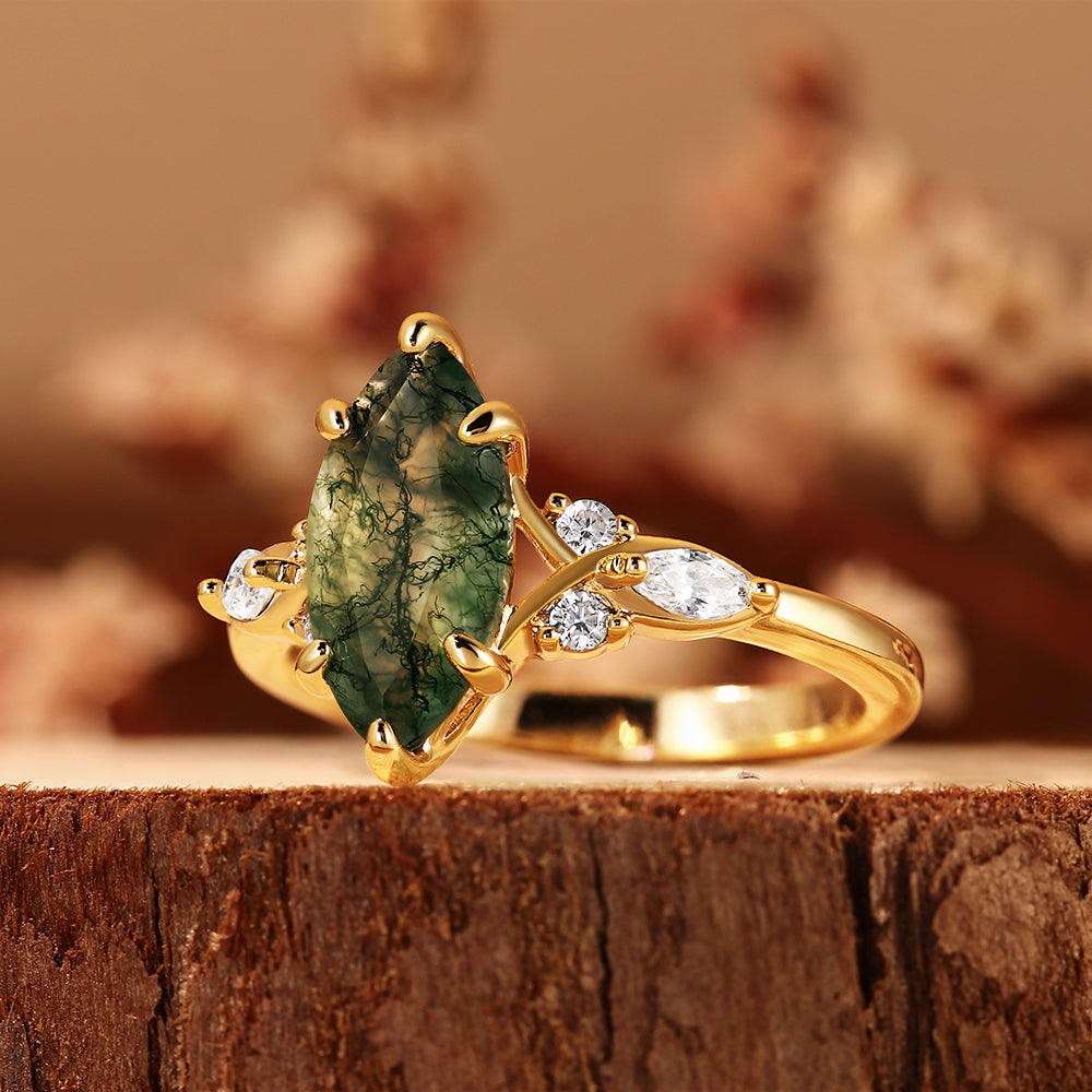 Exquisite Marquise Cut Moss Agate Engagement Ring with Leaf Accents