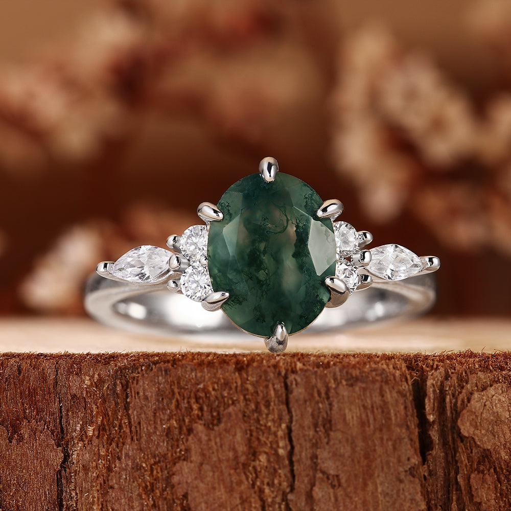 Nature Inspired Oval Cut Moss Agate Cluster Engagement Ring