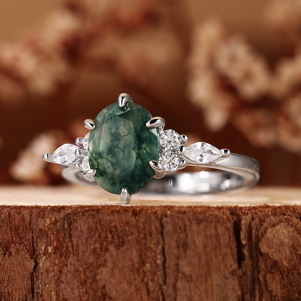 Nature Inspired Oval Cut Moss Agate Cluster Engagement Ring