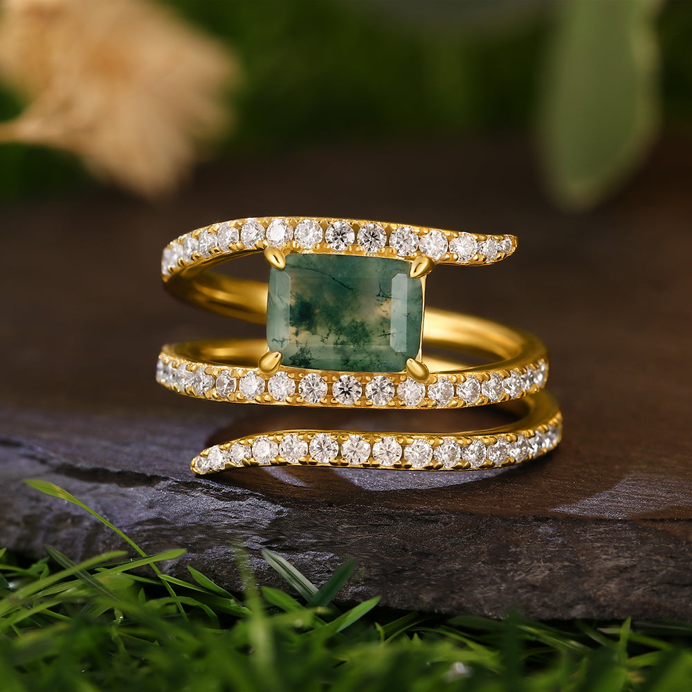 6x8mm Emerald Cut Moss Agate Coiled Snake Halo Round Diamond Engagement Ring