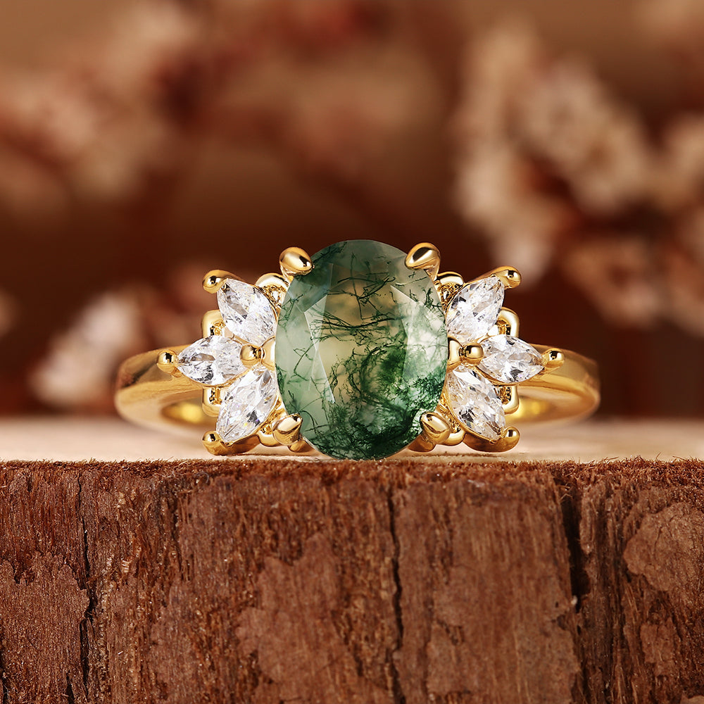 Nature Inspired Oval Cut Moss Agate Engagement Ring with Marquise Accent Cluster