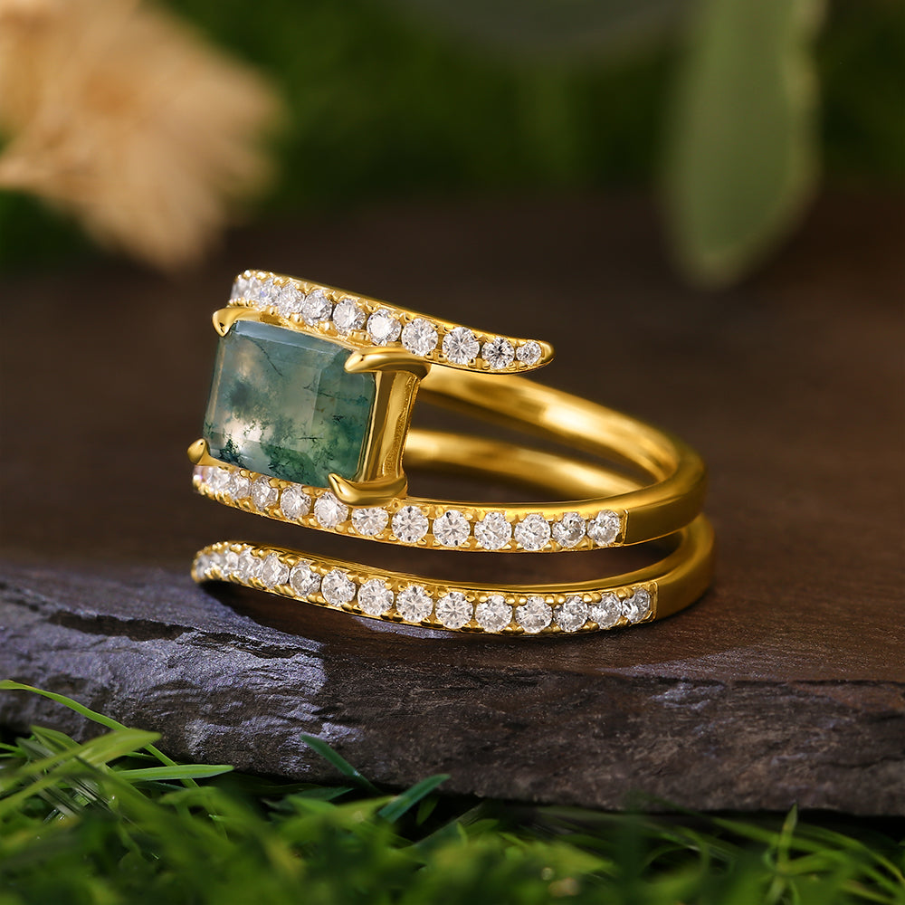 6x8mm Emerald Cut Moss Agate Coiled Snake Halo Round Diamond Engagement Ring