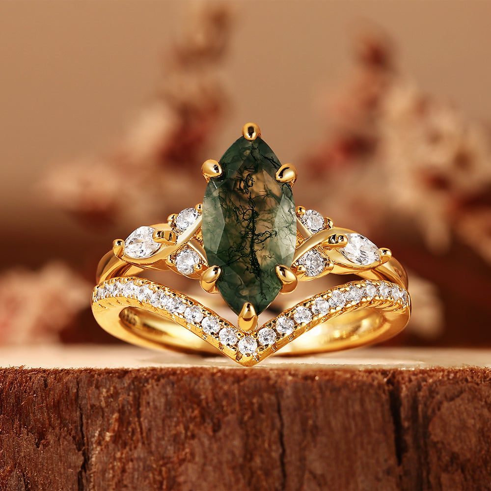 Nature Inspired Marquise Cut Moss Agate Bridal Ring Set, Unique Vine Inspired Bridal Ring Set