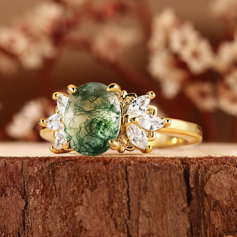 Nature Inspired Oval Cut Moss Agate Engagement Ring with Marquise Accent Cluster