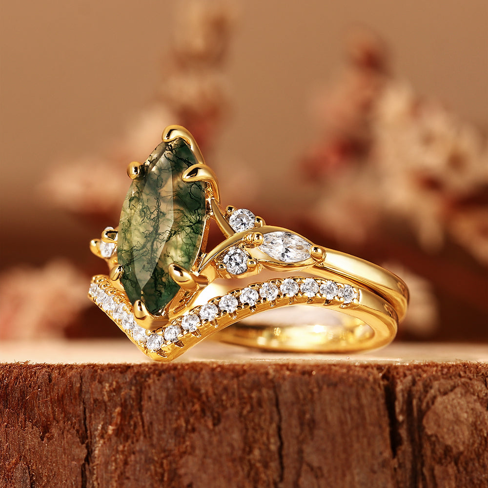 Nature Inspired Marquise Cut Moss Agate Bridal Ring Set, Unique Vine Inspired Bridal Ring Set