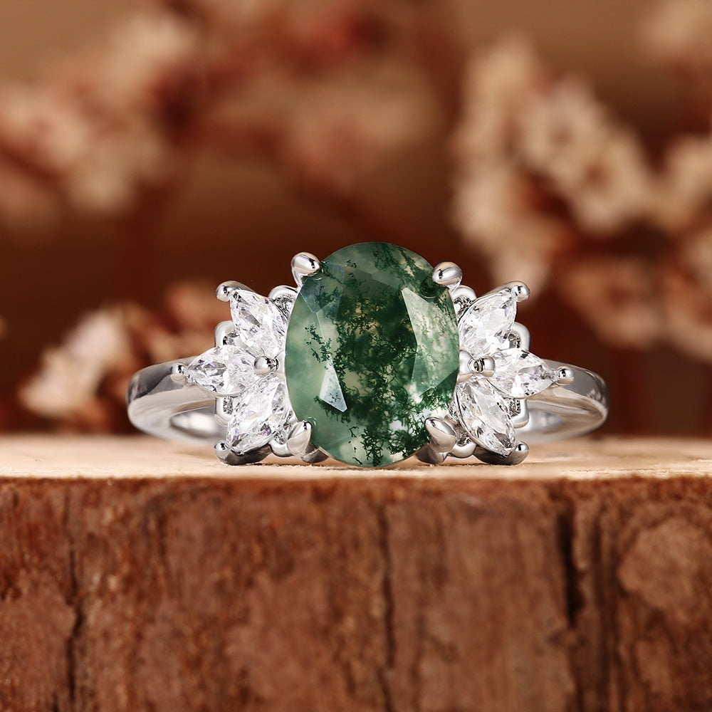 Nature Inspired Oval Cut Moss Agate Engagement Ring with Marquise Accent Cluster