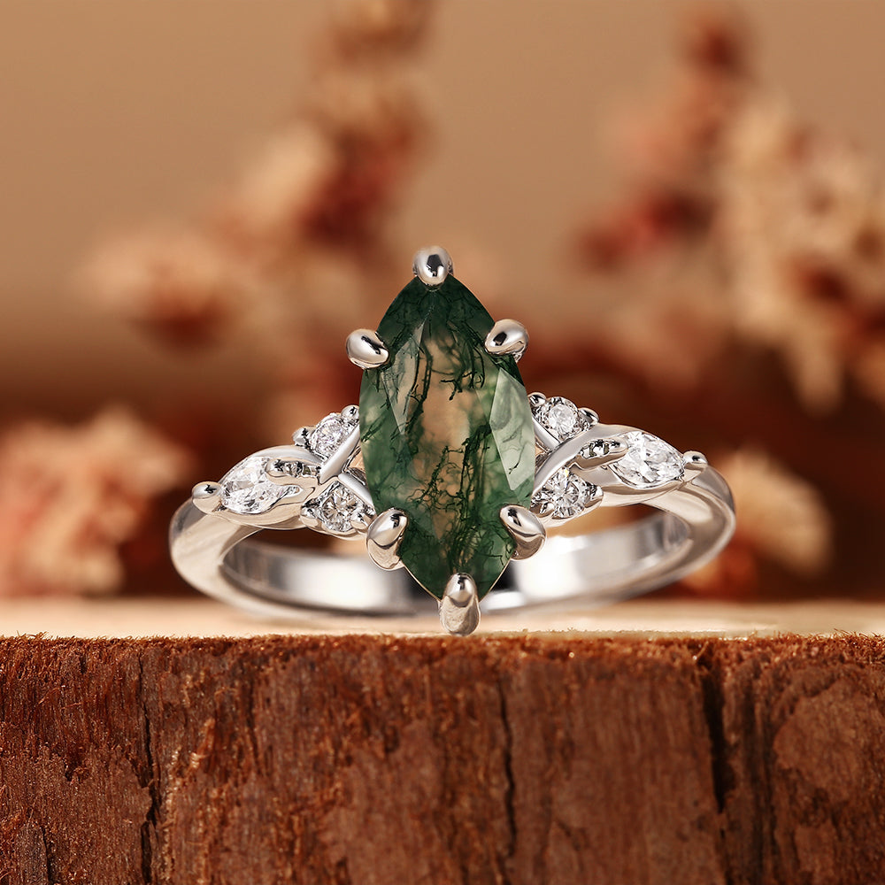 Exquisite Marquise Cut Moss Agate Engagement Ring with Leaf Accents