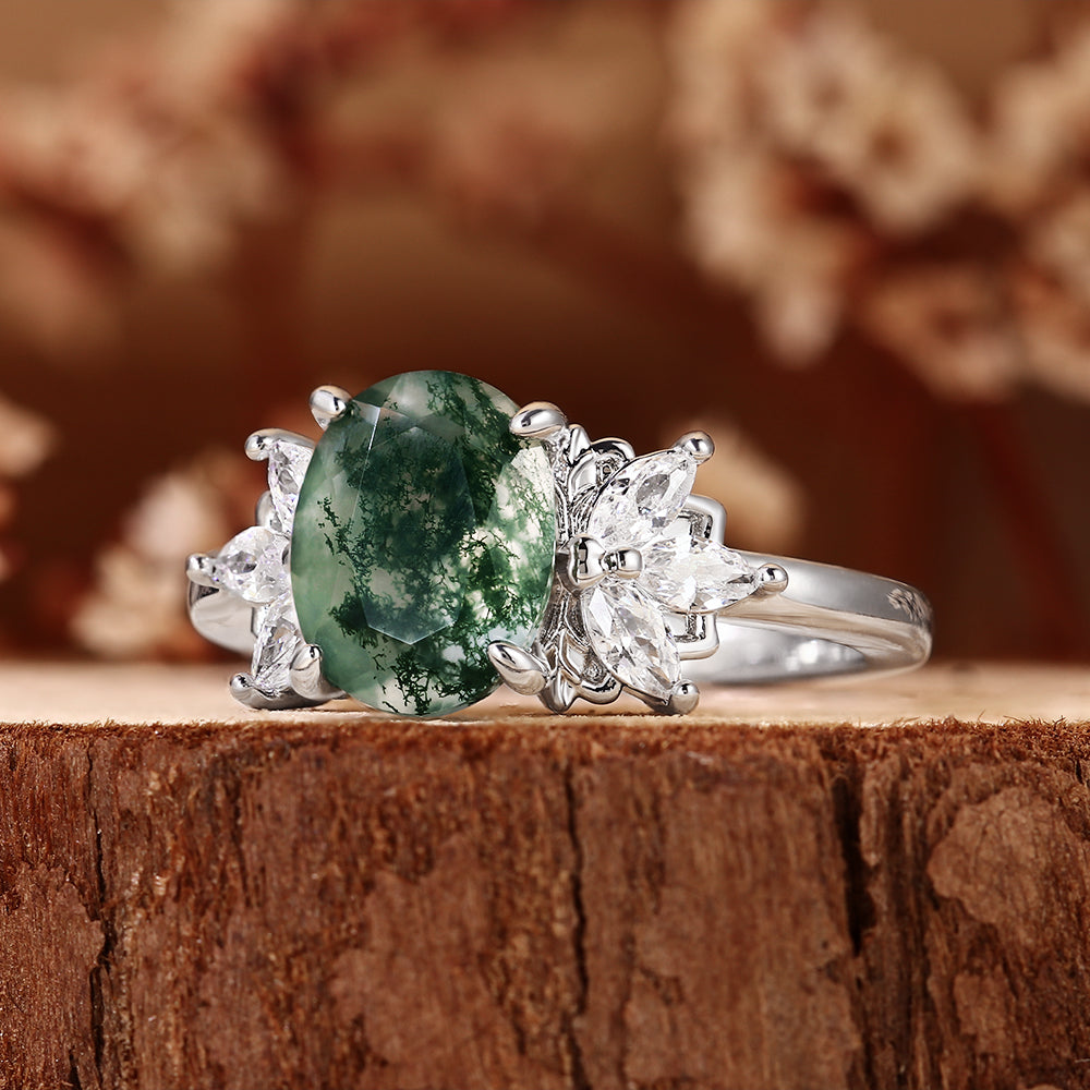 Nature Inspired Oval Cut Moss Agate Engagement Ring with Marquise Accent Cluster
