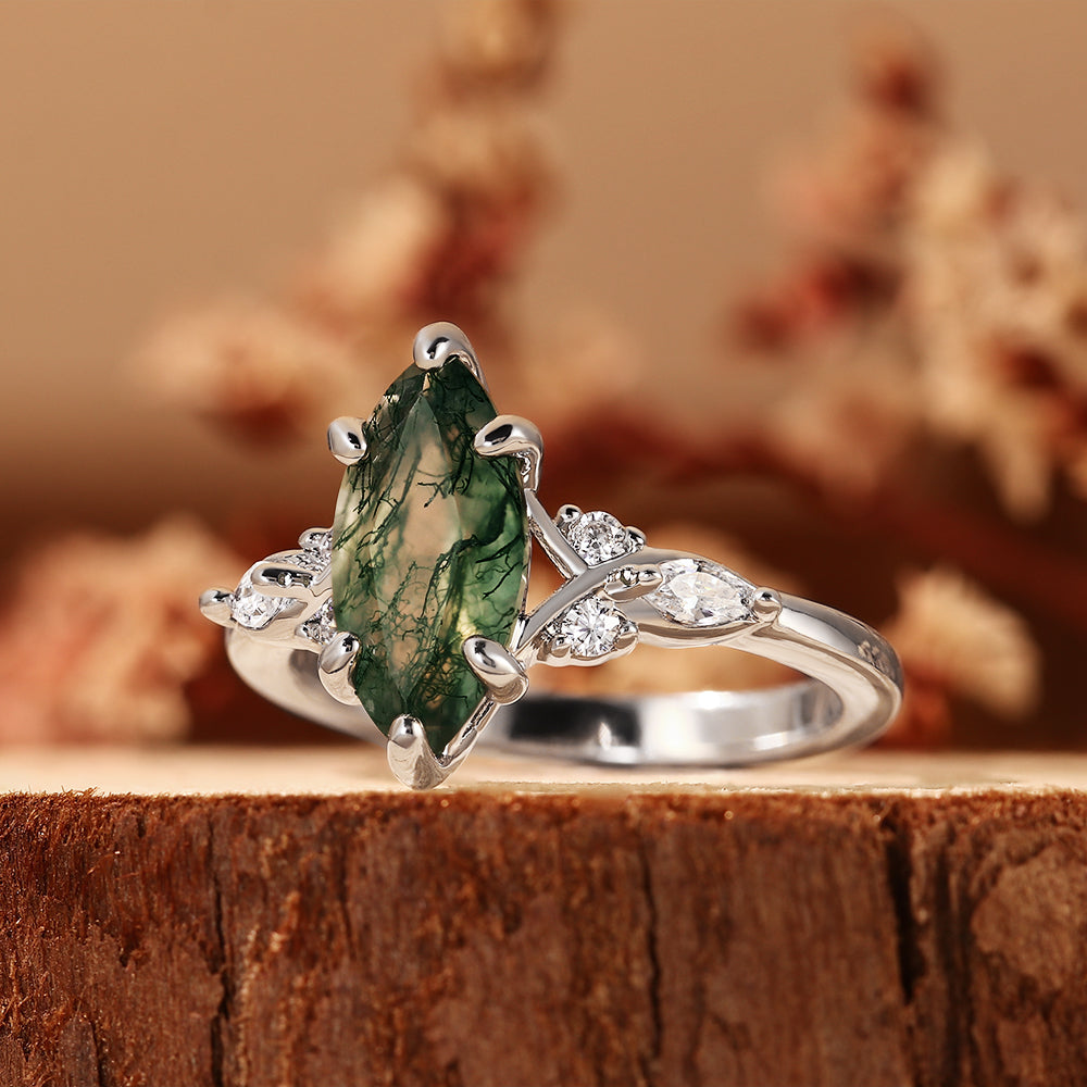 Exquisite Marquise Cut Moss Agate Engagement Ring with Leaf Accents