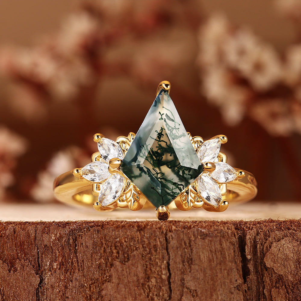 Nature Inspired Kite Cut Moss Agate Vintage Cluster Engagement Ring