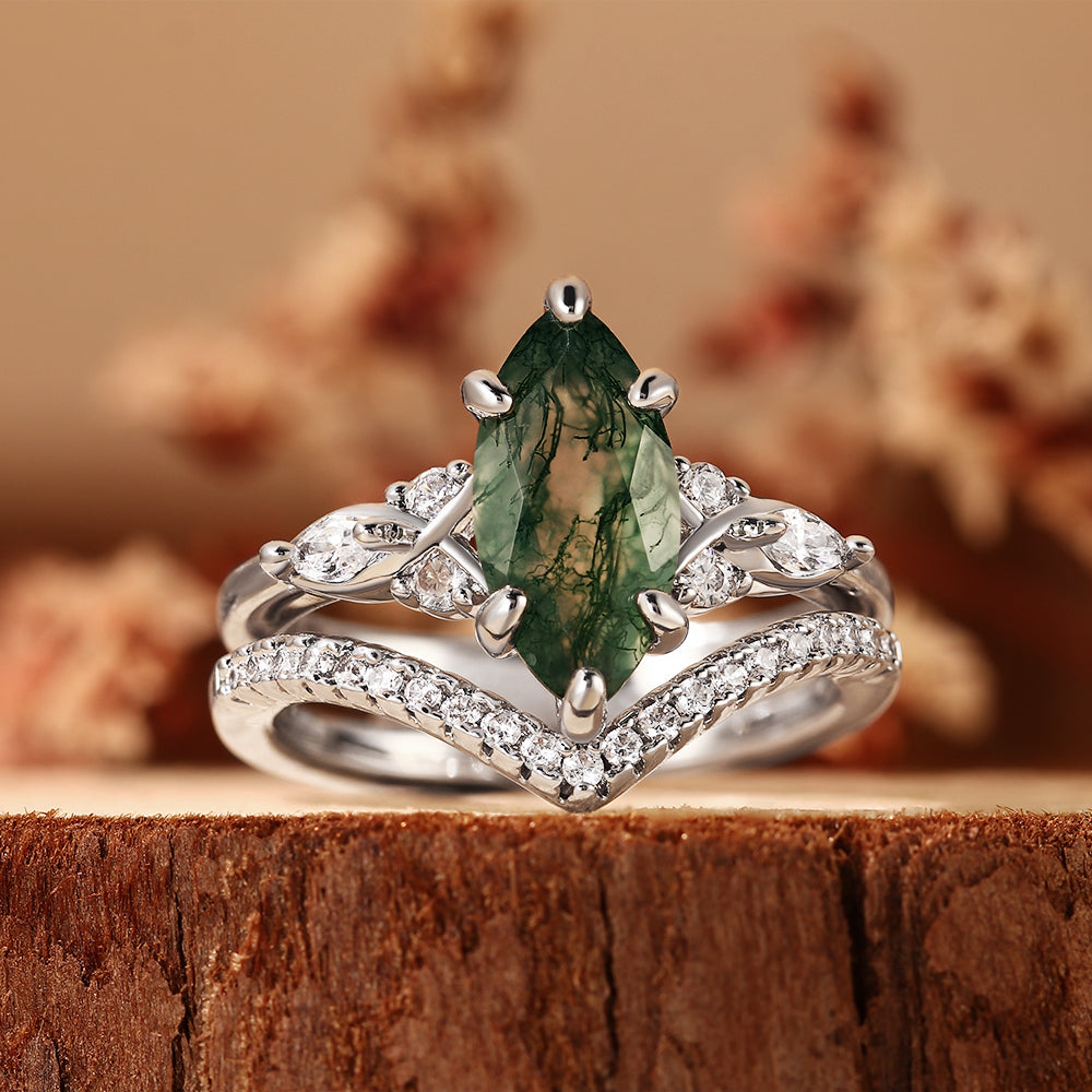 Nature Inspired Marquise Cut Moss Agate Bridal Ring Set, Unique Vine Inspired Bridal Ring Set