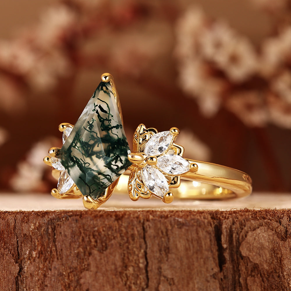 Nature Inspired Kite Cut Moss Agate Vintage Cluster Engagement Ring