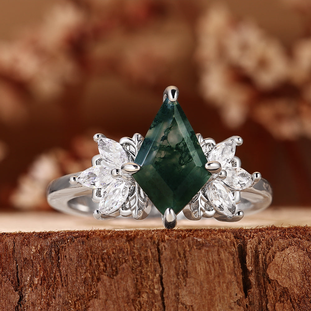 Nature Inspired Kite Cut Moss Agate Vintage Cluster Engagement Ring