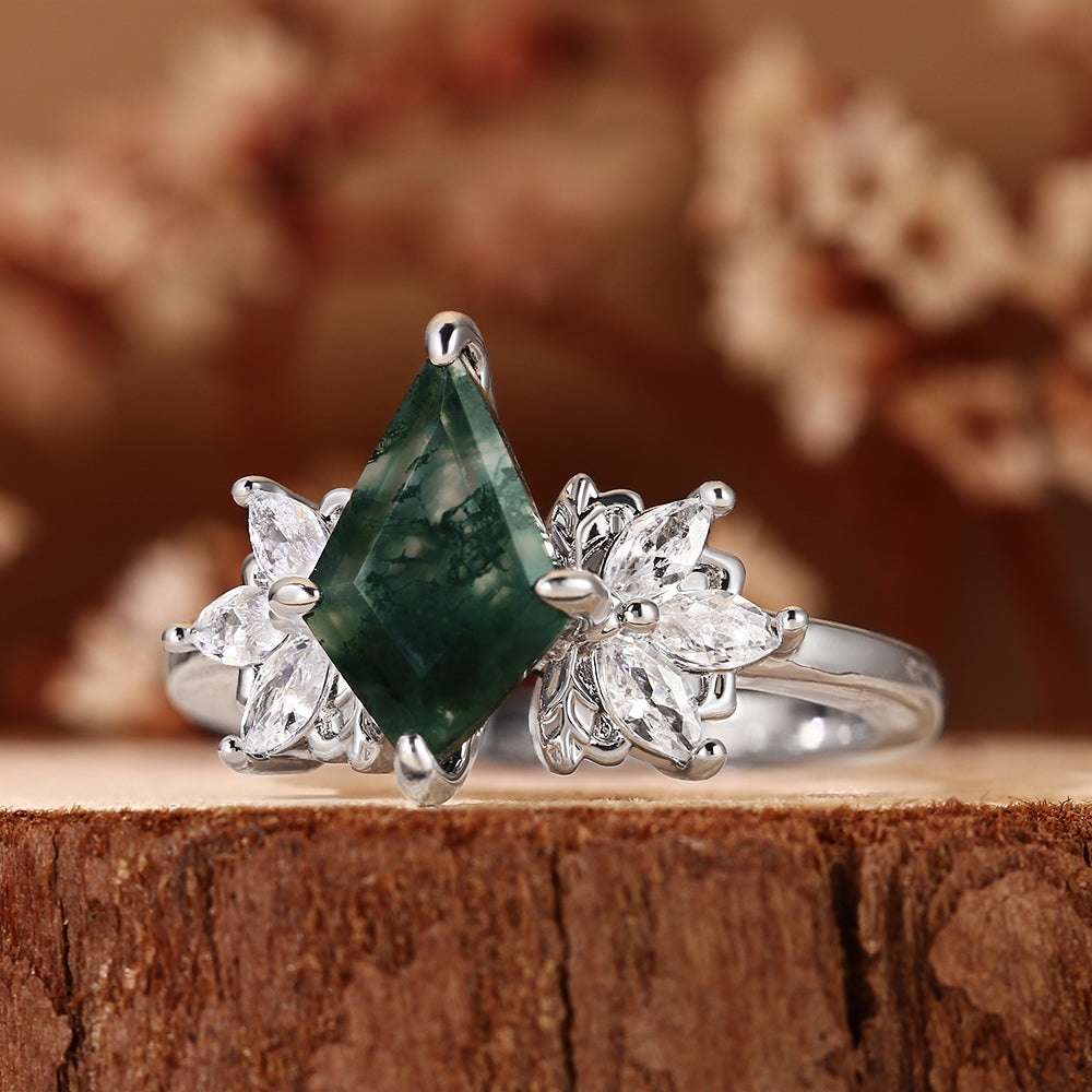 Nature Inspired Kite Cut Moss Agate Vintage Cluster Engagement Ring
