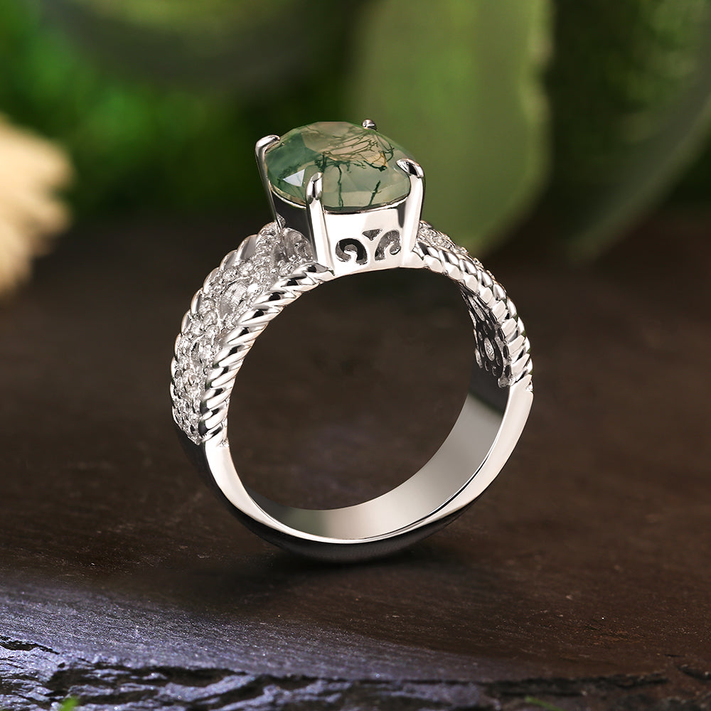 8x10mm Oval Cut Moss Agate Art Deco Nature-Inspired Engagement Ring