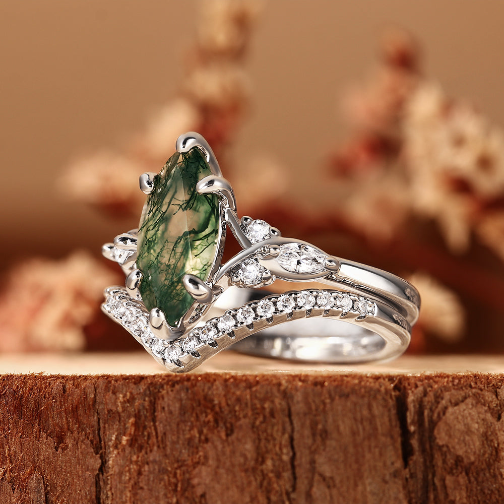 Nature Inspired Marquise Cut Moss Agate Bridal Ring Set, Unique Vine Inspired Bridal Ring Set