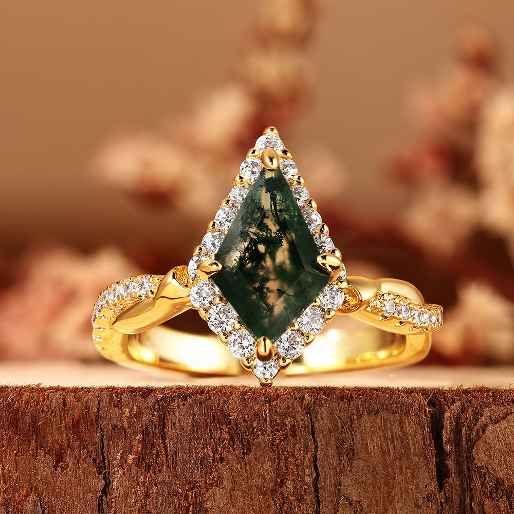 Art Deco Kite Cut Moss Agate Ring with Halo, Unique Engagement Ring