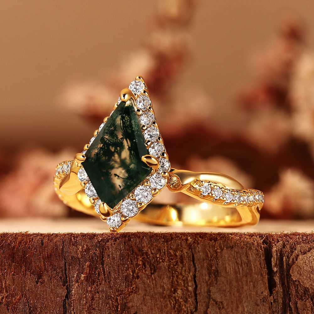Art Deco Kite Cut Moss Agate Ring with Halo, Unique Engagement Ring