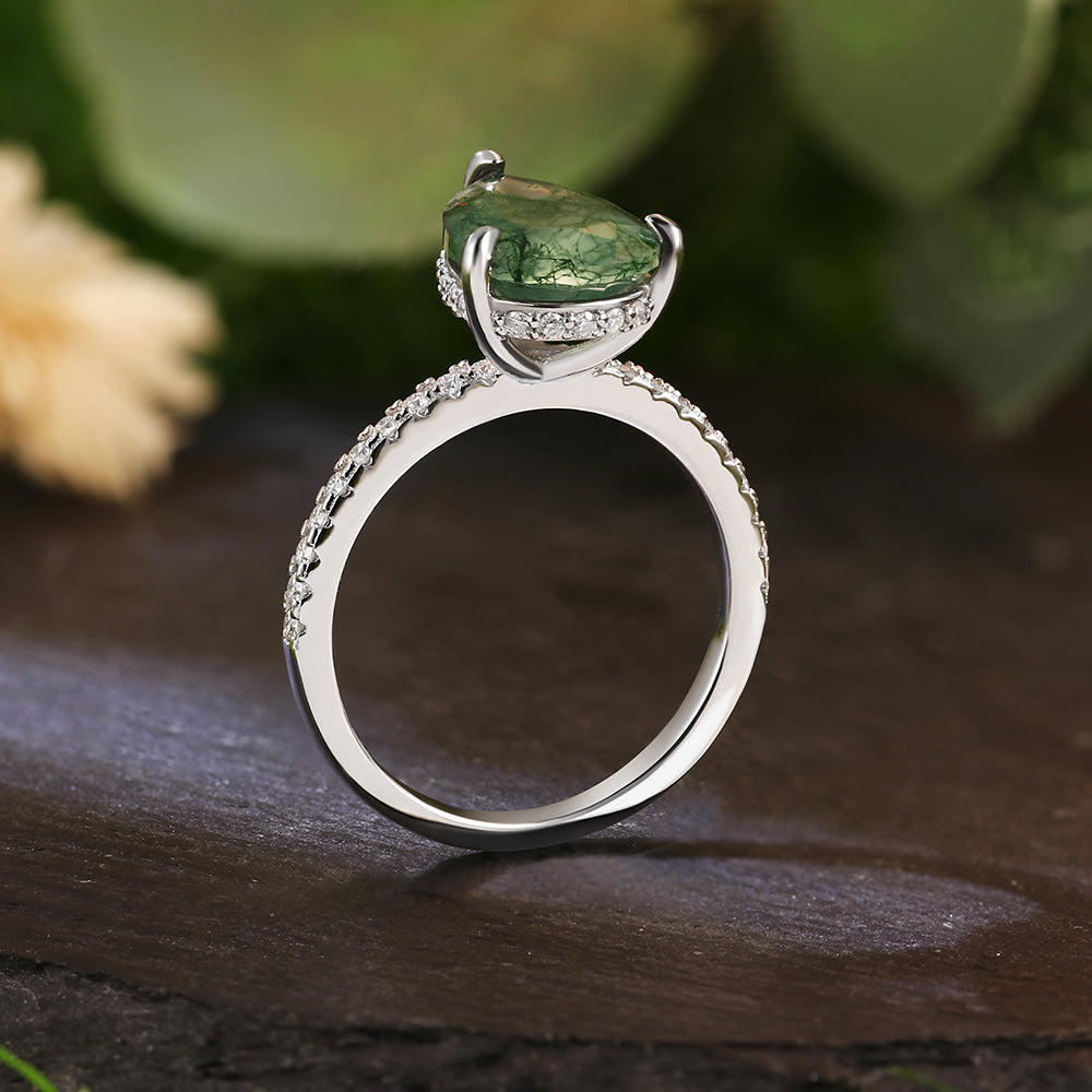 8x12mm Pear Cut Moss Agate Hidden Halo Nature-Inspired Engagement Ring with Pave Band