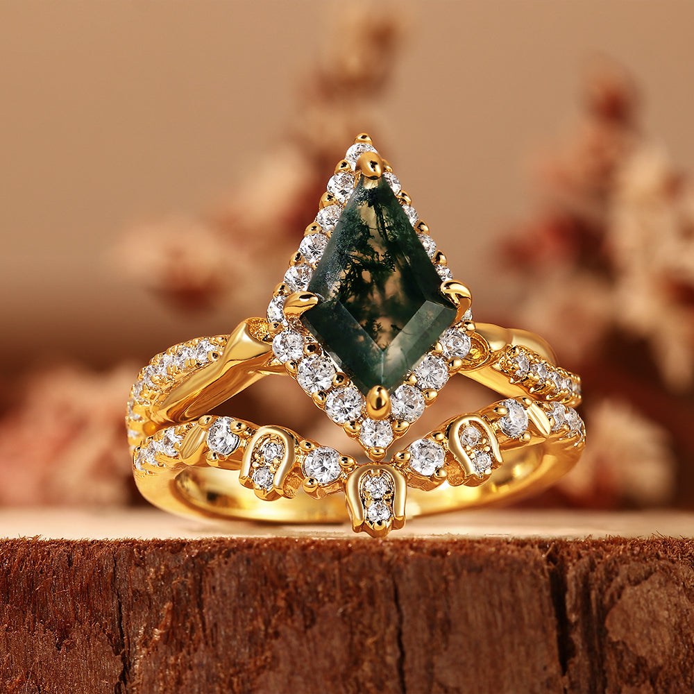 Unique Kite Moss Agate Bridal Ring Set, Halo Engagement Ring with Crown Band