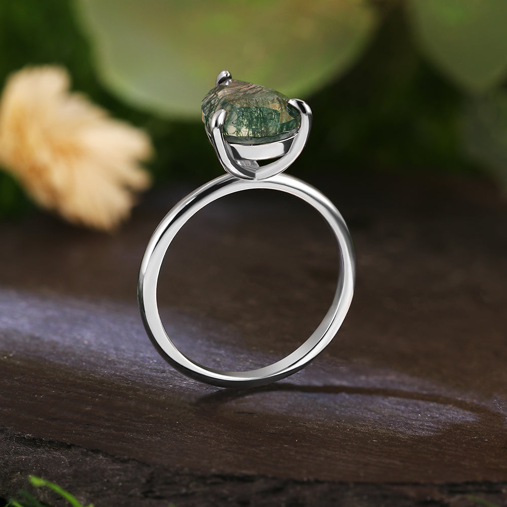 8x12mm Pear Cut Moss Agate Solitaire Minimalist Nature-Inspired Engagement Ring