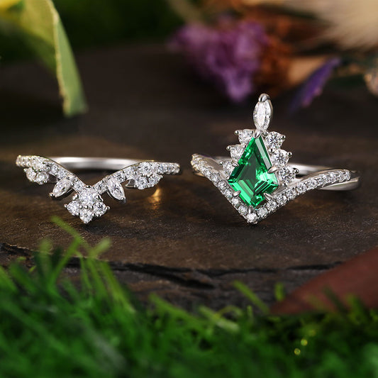 1.41 ct Kite Cut Lab Emerald Cluster Engagement Ring Nature Inspired Bridal Ring Set