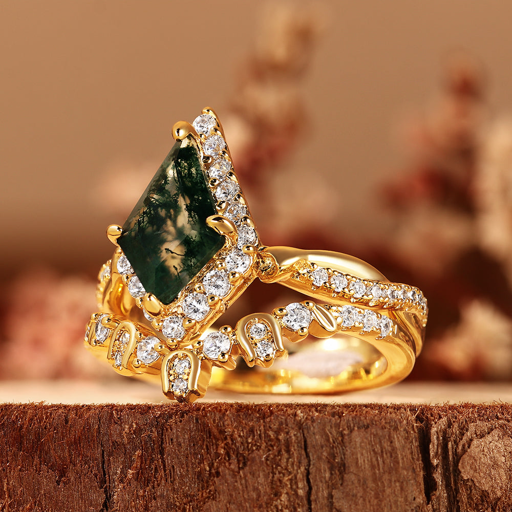 Unique Kite Moss Agate Bridal Ring Set, Halo Engagement Ring with Crown Band