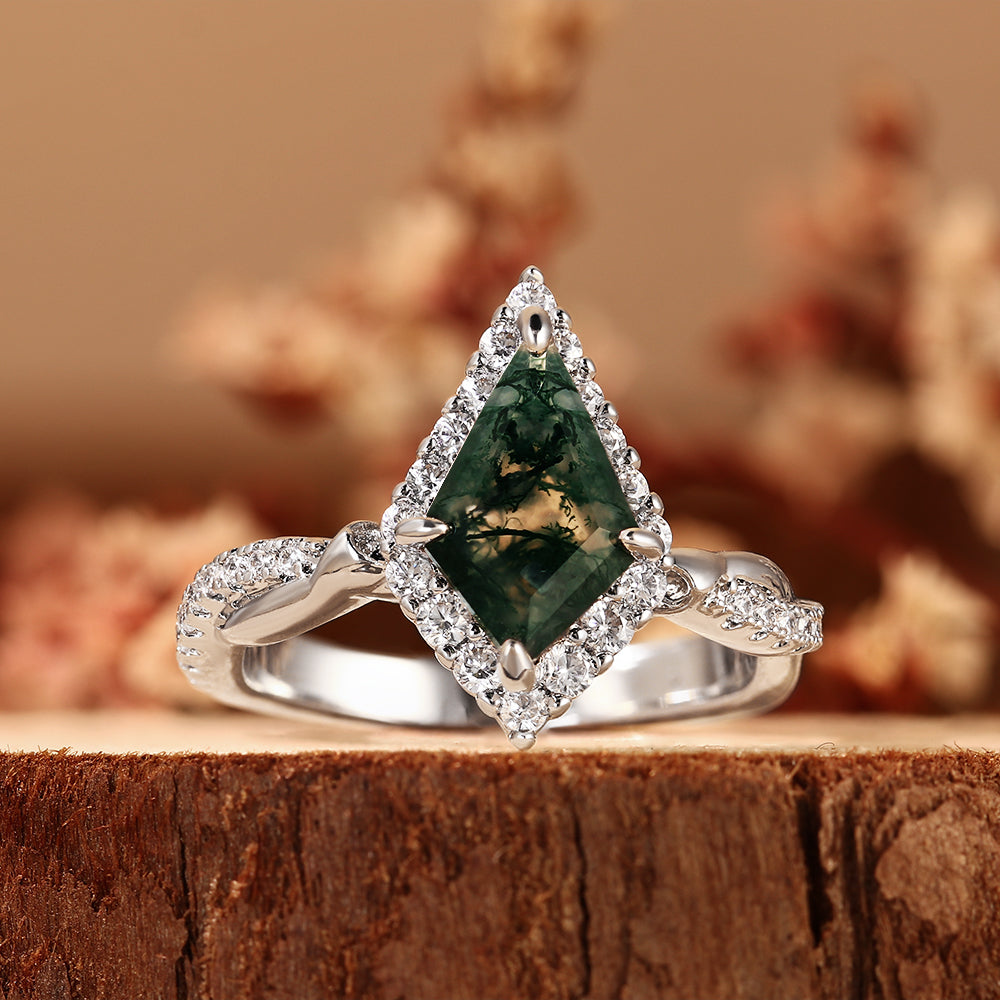 Art Deco Kite Cut Moss Agate Ring with Halo, Unique Engagement Ring