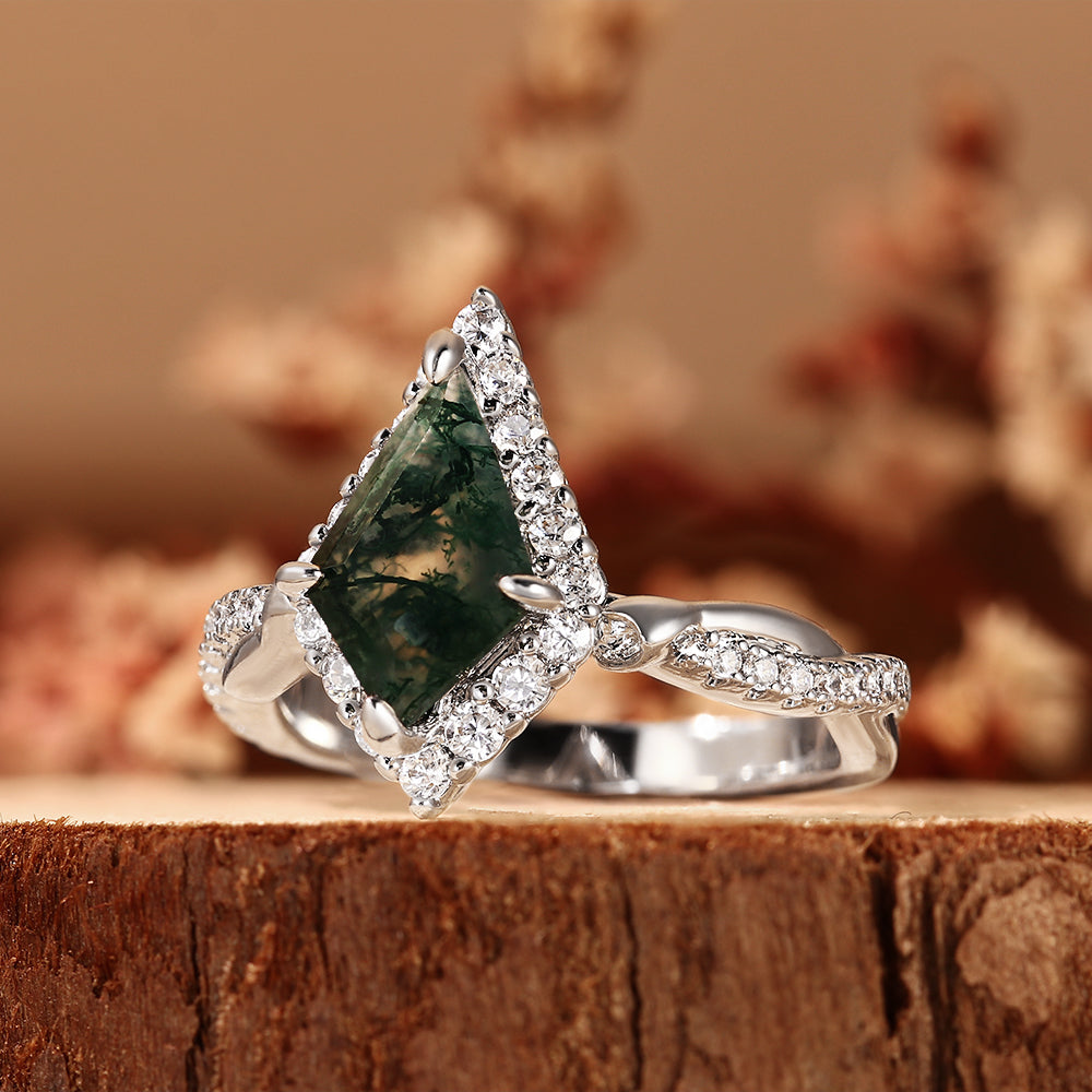 Art Deco Kite Cut Moss Agate Ring with Halo, Unique Engagement Ring