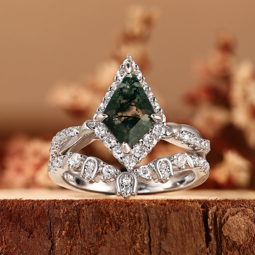 Unique Kite Moss Agate Bridal Ring Set, Halo Engagement Ring with Crown Band