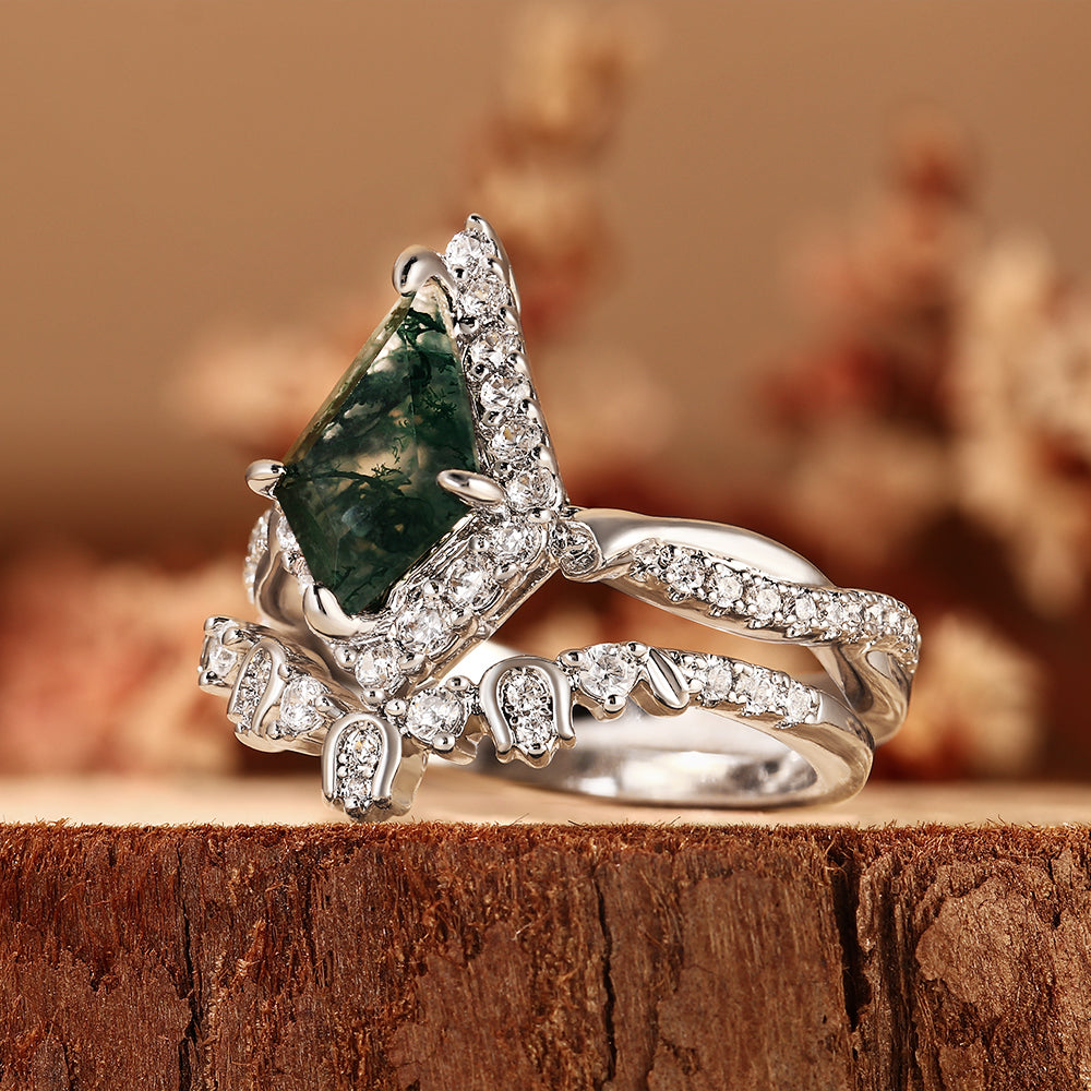 Unique Kite Moss Agate Bridal Ring Set, Halo Engagement Ring with Crown Band