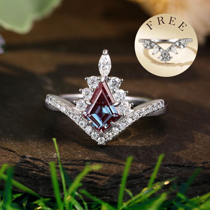 [Buy 1 Get 1 Free]1.67 ct Kite Cut Lab Alexandrite Accents Engagement Ring Nature Inspired Bridal Ring Set