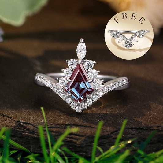 [Buy 1 Get 1 Free]1.67 ct Kite Cut Lab Alexandrite Accents Engagement Ring Nature Inspired Bridal Ring Set
