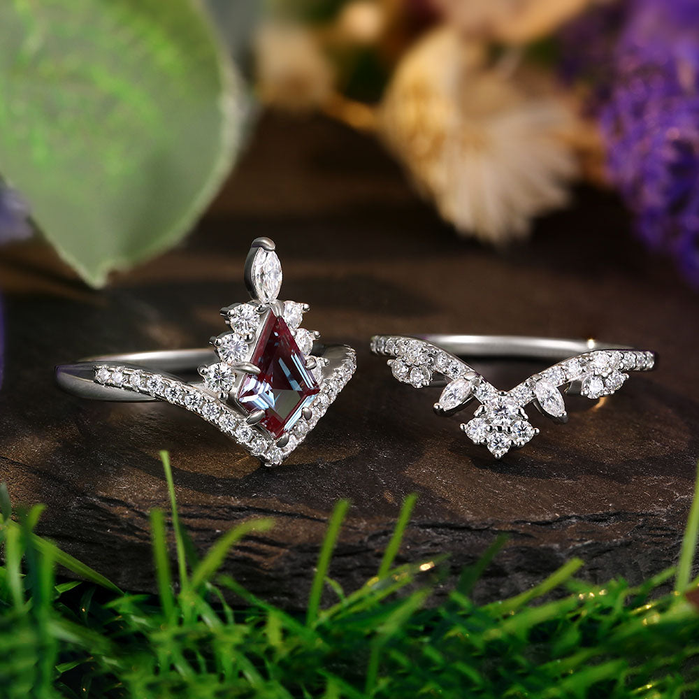 1.67 ct Kite Cut Lab Alexandrite Accents Engagement Ring Nature Inspired Bridal Ring Set