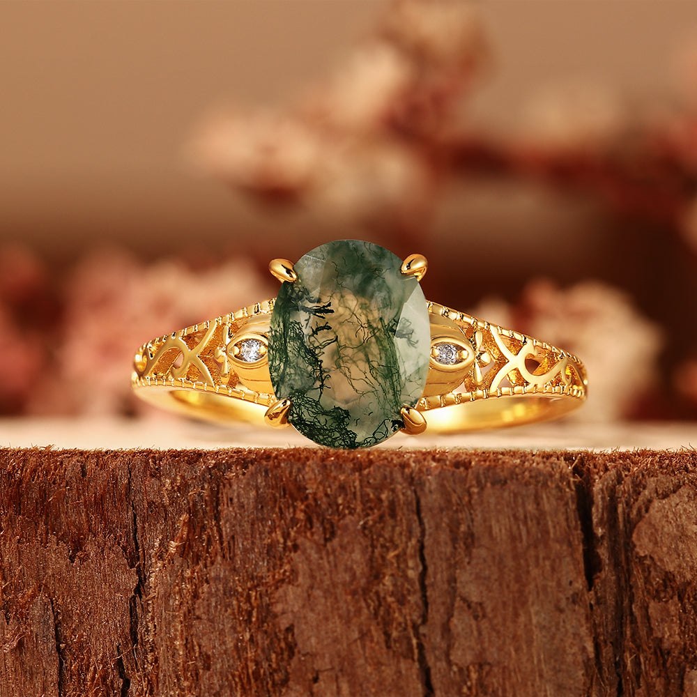 Unique Oval Cut Moss Agate Engagement Ring with Filigree Detail, Romantic Nature Inspired Ring