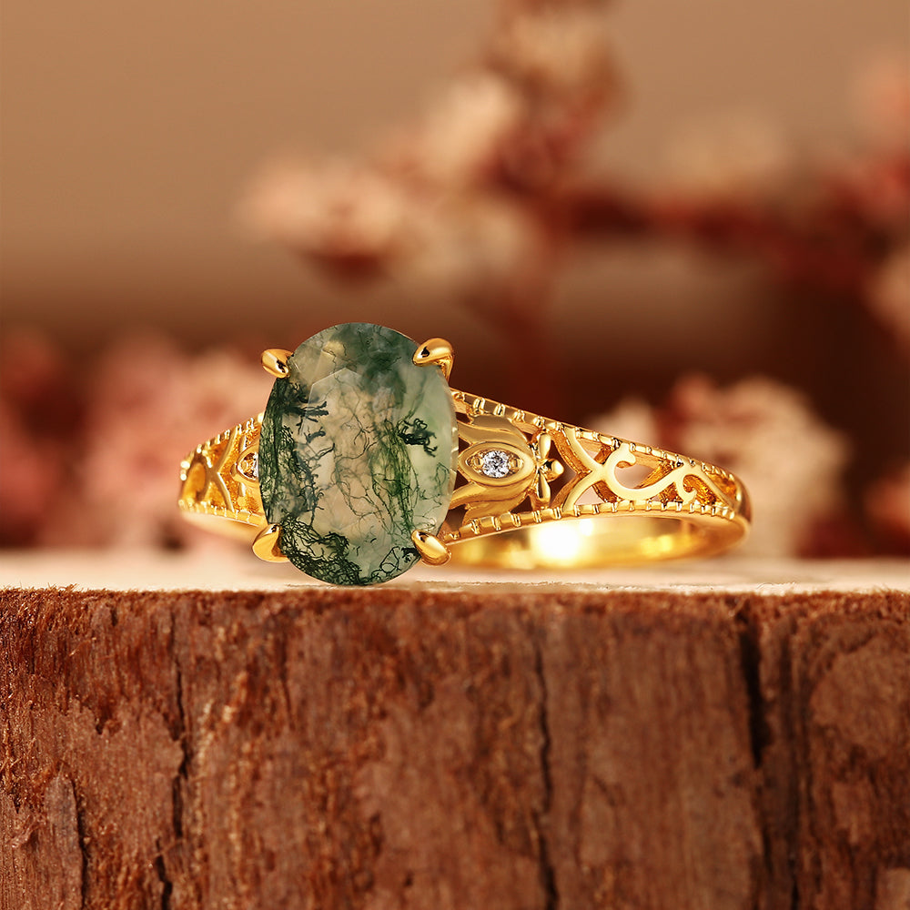 Unique Oval Cut Moss Agate Engagement Ring with Filigree Detail, Romantic Nature Inspired Ring