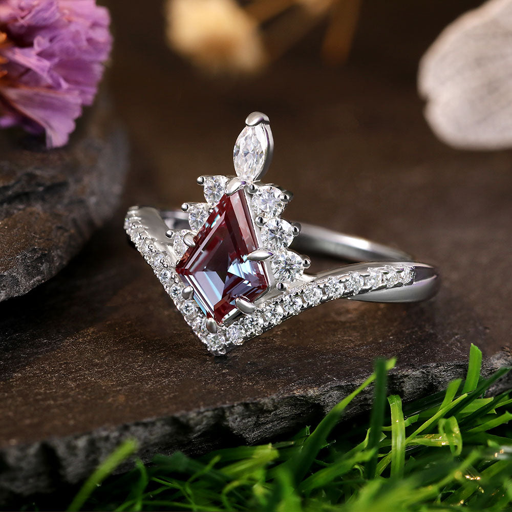 1.67 ct Kite Cut Lab Alexandrite Accents Engagement Ring Nature Inspired Bridal Ring Set