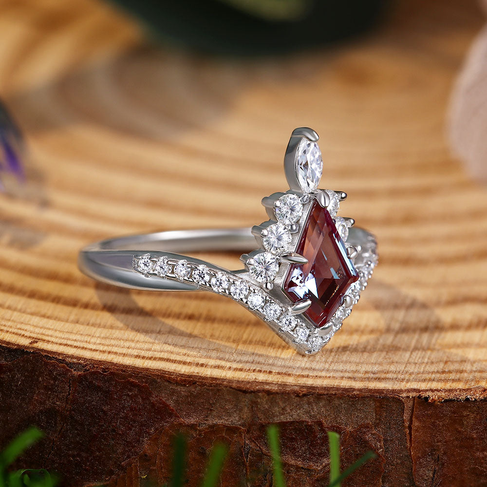 1.67 ct Kite Cut Lab Alexandrite Accents Engagement Ring Nature Inspired Bridal Ring Set