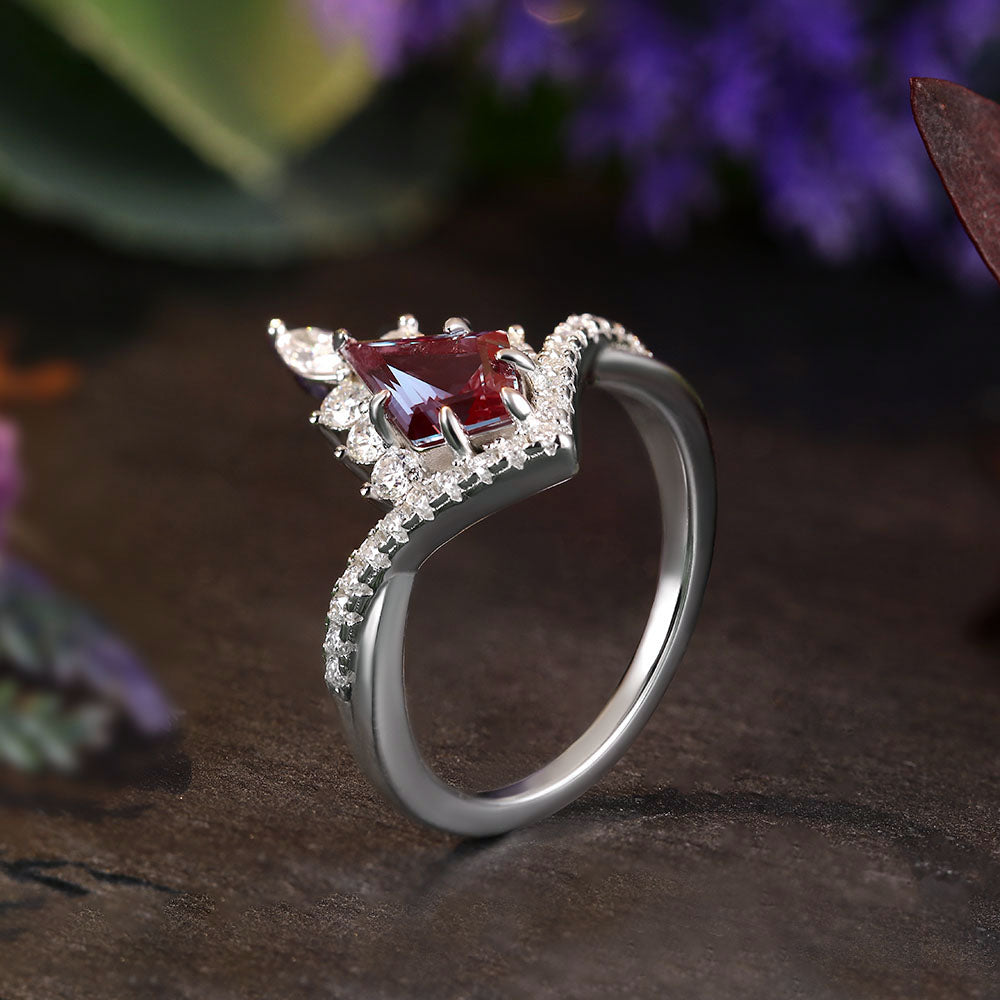 1.67 ct Kite Cut Lab Alexandrite Accents Engagement Ring Nature Inspired Bridal Ring Set