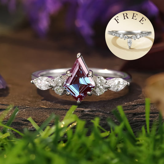 [Buy 1 Get 1 Free]1.49 ct Kite Cut Lab Alexandrite Cluster Engagement Ring Nature Inspired Bridal Ring Set