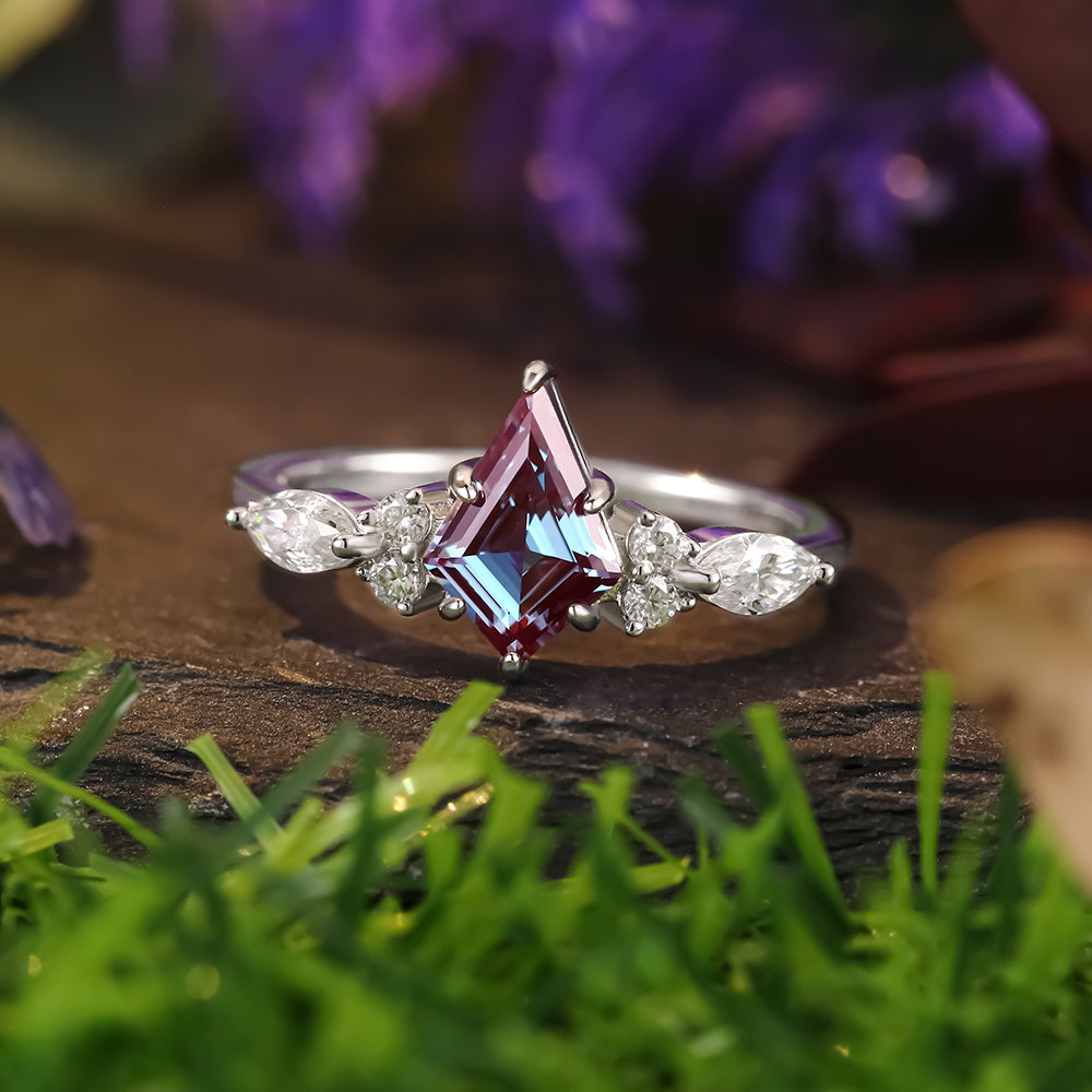 1.49 ct Kite Cut Lab Alexandrite Cluster Engagement Ring Nature Inspired Bridal Ring Set