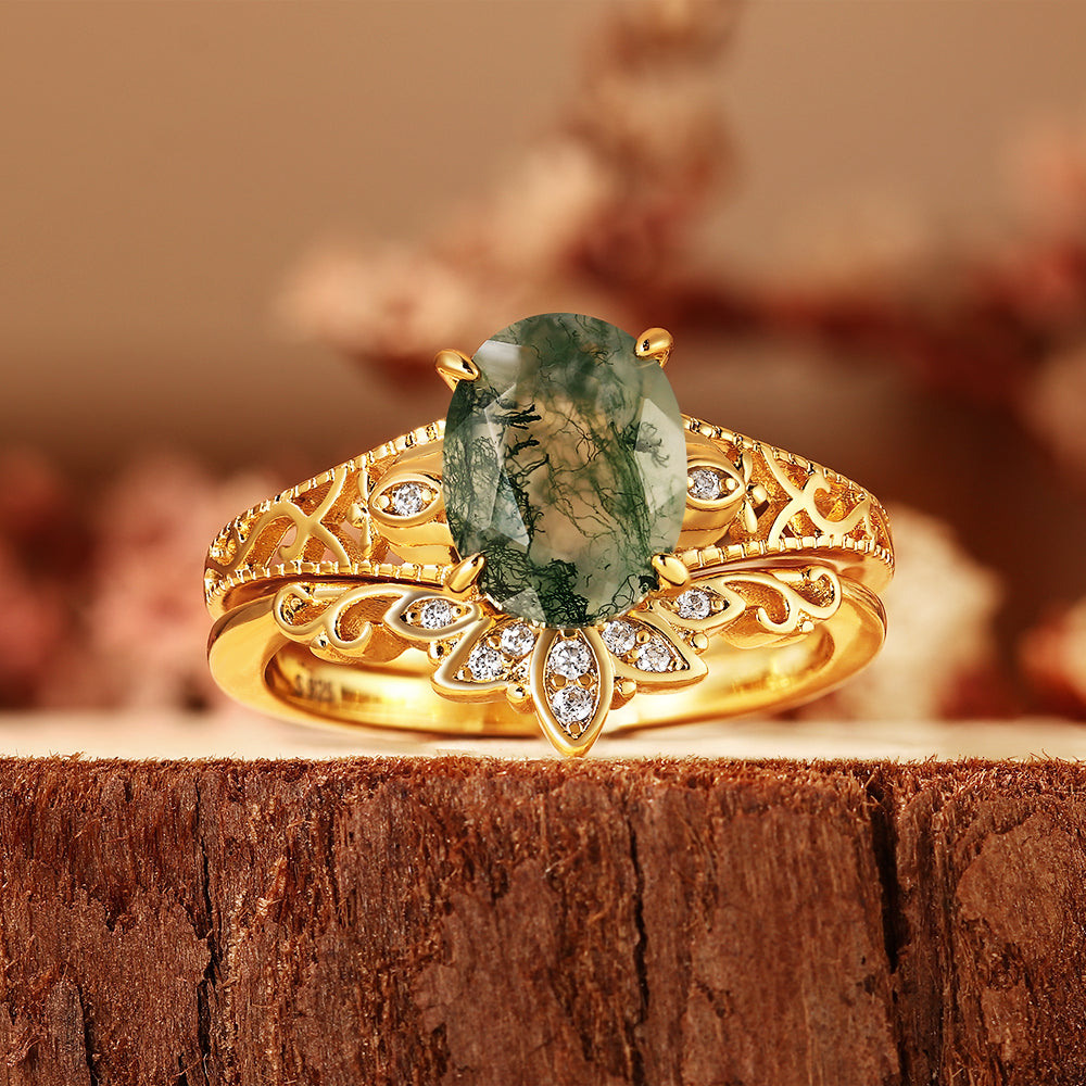 Oval Cut Moss Agate Bridal Ring Set, Vintage Filigree Ring with Matching Band