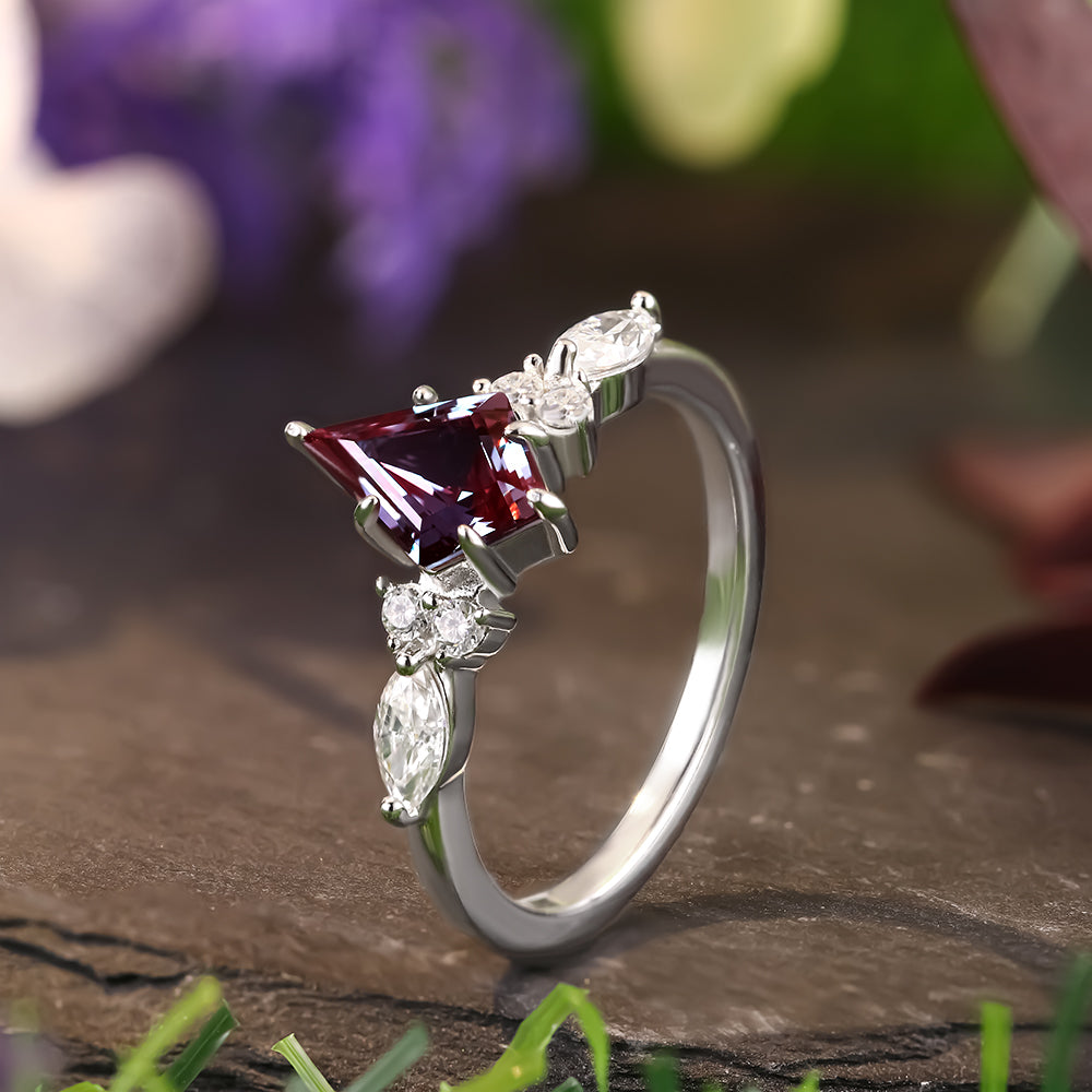 1.49 ct Kite Cut Lab Alexandrite Cluster Engagement Ring Nature Inspired Bridal Ring Set