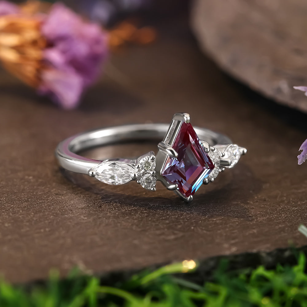 1.49 ct Kite Cut Lab Alexandrite Cluster Engagement Ring Nature Inspired Bridal Ring Set