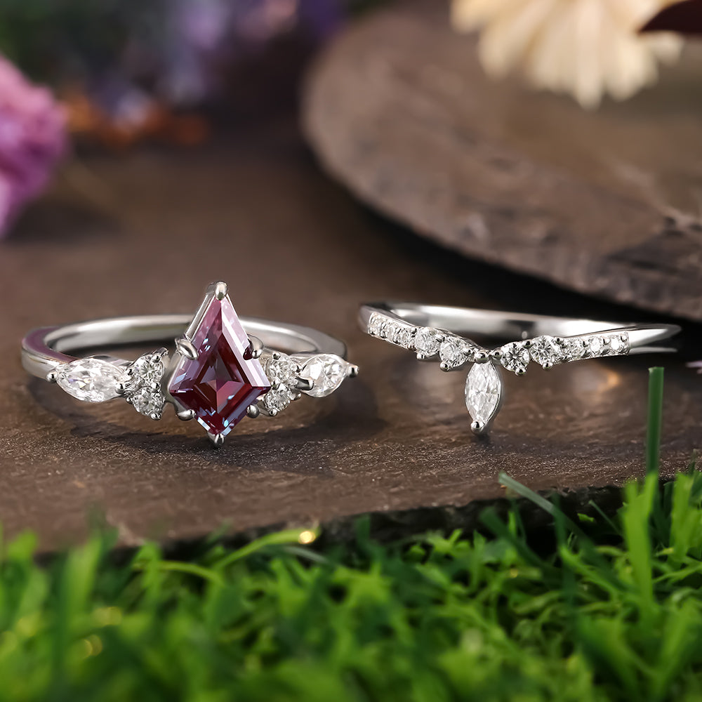 1.49 ct Kite Cut Lab Alexandrite Cluster Engagement Ring Nature Inspired Bridal Ring Set